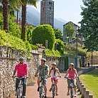 Quattro persone in bicicletta in un ambiente verde e soleggiato.