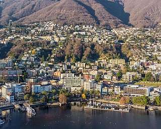 Panorama della città di Lugano con montagne e lago.