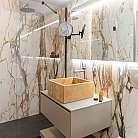 Interno di un bagno elegante con lavabo in legno e doccia.